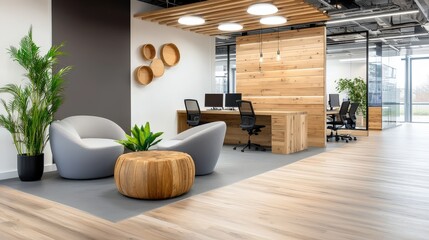 Poster - A rustic cozy office space featuring wooden elements, soft textiles, and an inviting layout, ideal for showcasing comfort and creativity in the workplace.