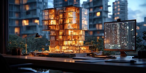 Poster - Illuminated Glass and Wood Model of a Cityscape Building