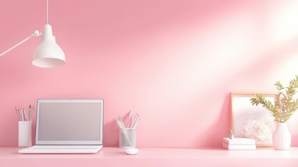 Poster - A bright and inviting home office background with a laptop, personal touches like plants and artwork, ideal for themes related to remote work and creativity.