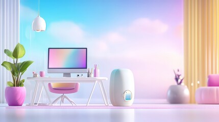 Poster - An inviting office background with computers, colorful decor, and comfortable seating, ideal for promoting creativity, collaboration, and a positive work environment.
