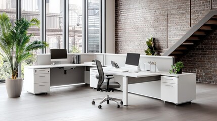 Poster - An industrial-themed office with modern workstations, brick walls, and steel elements, creating a contemporary and inspiring workspace that encourages collaboration.