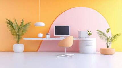 Poster - An inviting office background with computers, colorful decor, and comfortable seating, ideal for promoting creativity, collaboration, and a positive work environment.