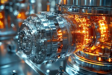Poster - Close-up of a Complex Metal Machine with Glowing Orange Interior