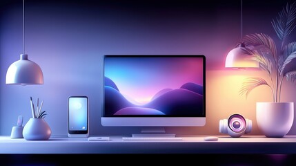 Poster - A sleek corporate office background with dark tones, sophisticated decor, and inviting lighting, perfect for illustrating a productive and stylish professional workspace.