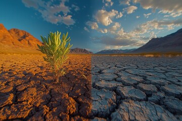 Poster - A lone plant thrives in a cracked, arid landscape.