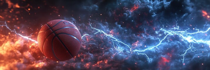 Wall Mural - A basketball flies through the air, surrounded by red and blue energy