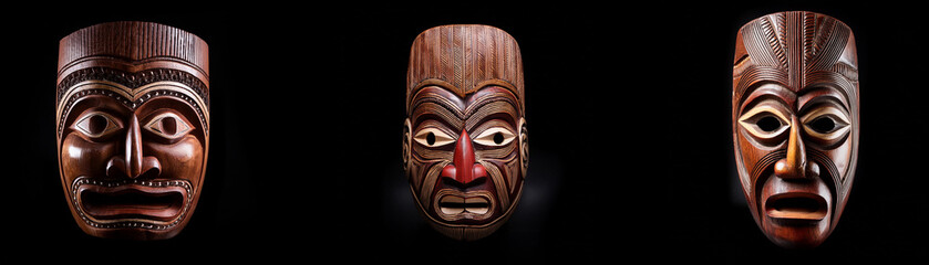 Three wooden masks with carved features are isolated against a black background.