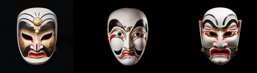 Three intricately designed masks with gold accents, isolated against a black background.