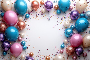 Wall Mural - A frame with a white background, surrounded by colorful balloons, confetti, and birthday decorations. 