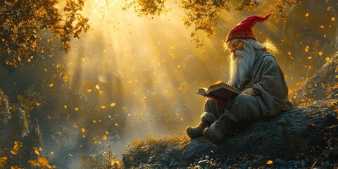Poster - A gnome reading a book in a magical autumn forest