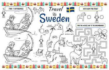 Wall Mural - A fun placemat for kids. Printable “Travel to Sweden” activity sheet with a labyrinth and find the differences. 17x11 inch printable vector file