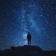 Wall Mural - Silhouetted figure stands on rock under a starry night sky revealing constellations