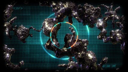 Wall Mural - A data screen style background of strange synthetic formations of undulating organic looking material pulsating with glowing data glitch and interference effects.