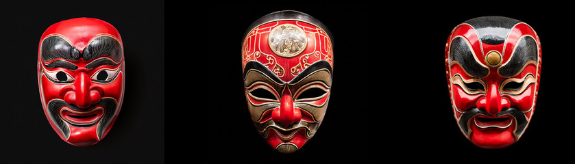 Wall Mural - Three intricately painted masks with red and black accents are isolated against a black background.