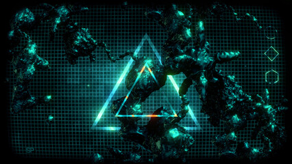 Wall Mural - A data screen style background of strange synthetic formations of undulating organic looking material pulsating with glowing data glitch and interference effects.