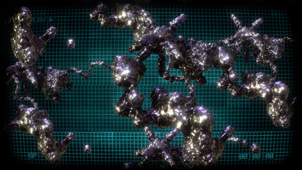 Wall Mural - A data screen style background of strange synthetic formations of undulating organic looking material pulsating with glowing data glitch and interference effects.
