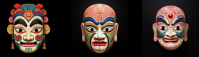 Wall Mural - Three intricately painted masks, isolated against a black background.