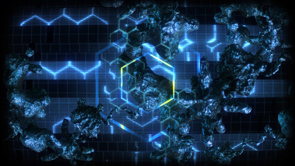 Wall Mural - A data screen style background of strange synthetic formations of undulating organic looking material pulsating with glowing data glitch and interference effects.