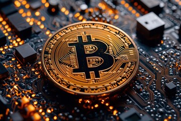 Poster - Bitcoin Cryptocurrency Coin on a Circuit Board