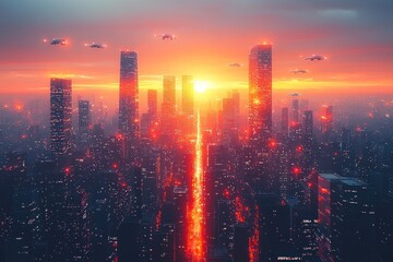Fototapete - Futuristic Cityscape with Flying Cars at Sunset