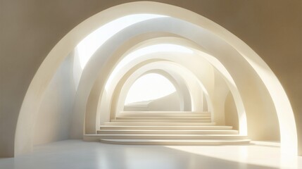 Poster - Bright and airy architectural interior featuring curved arches with soft lighting, highlighting stair steps during the daytime