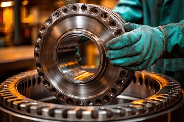 Poster - Close-up of a worker holding a large metal ring with holes