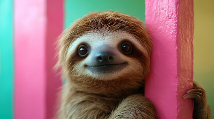 A cheerful sloth poses against vibrant pink and green colors, showcasing its charming smile and relaxed demeanor.