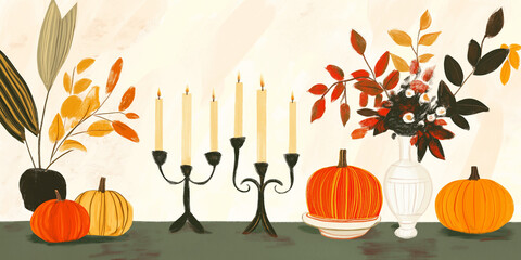 Wall Mural - Minimal Line Art Feast: Thanksgiving table in subtle, abstract style with warm hues