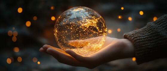 Poster - Artistic depiction of a hand holding a digital globe, illuminated with glowing connections and data points, highlighting the concept of global data exchange