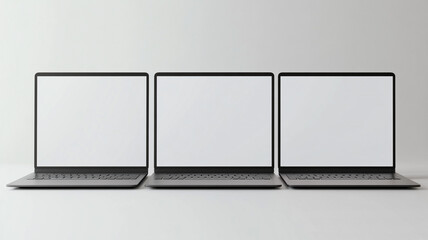 mockup of three modern laptops with blank screens on a white background