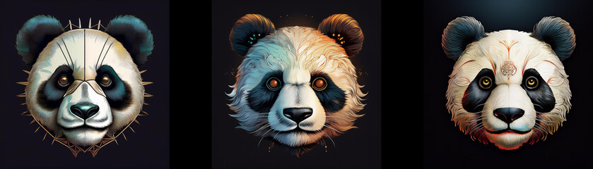 Poster - Three panda bear masks, isolated against a black background.