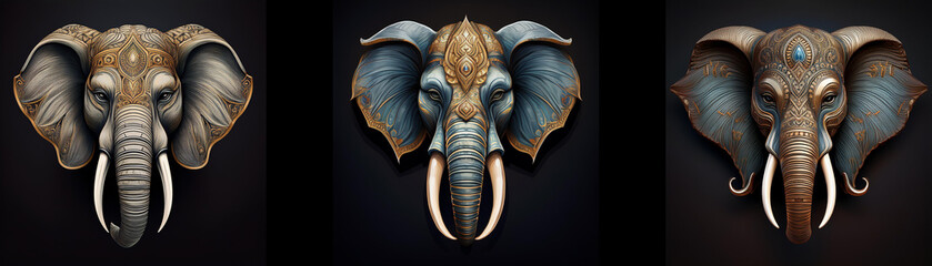 Poster - Three elephant heads are arranged in a row against a black background. They are isolated and each has a unique texture.