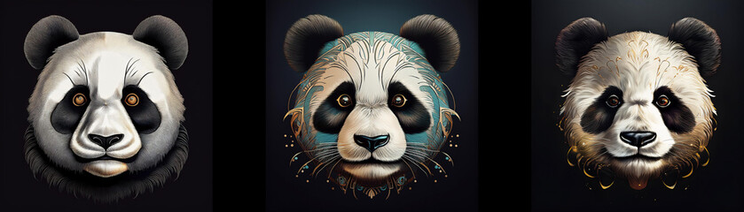 Poster - Three panda bear faces are depicted in this image. The pandas are isolated on a black background, with their masks, fur, and eyes uniquely colored.