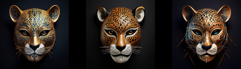 Wall Mural - Three detailed jaguar masks isolated against a black background.