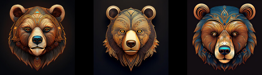 Poster - Three bear heads, each with a unique design, are isolated against a black background.