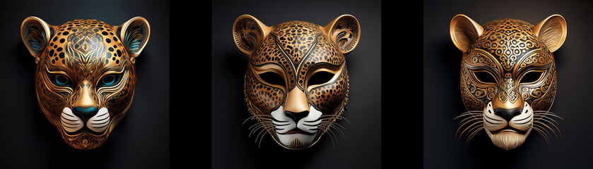 Wall Mural - Three detailed jaguar masks are isolated against a black background.