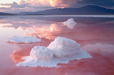 Wall Mural - Salt Formations in a Pink Lake at Sunset with Mountains in the Distance