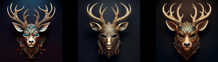 Wall Mural - Three deer masks with ornate details are isolated against a black background.