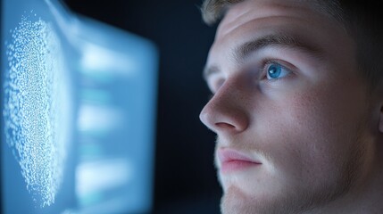 A man is looking at a computer screen with a blue eye