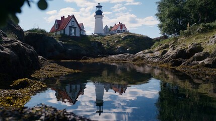 Aufkleber - Reflection of an Old Lighthouse on a Rocky Shorelin