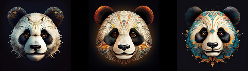 Poster - Three panda masks isolated against a black background.