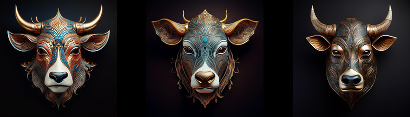 Wall Mural - Three detailed cow masks isolated against a black background.