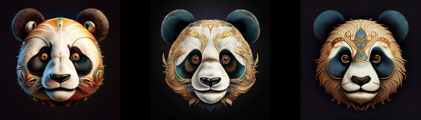 Poster - Three panda bear masks with intricate designs are isolated on a black background.
