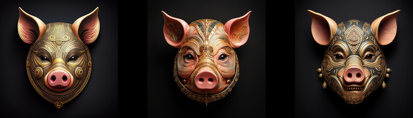 Wall Mural - Three pig masks are isolated on a black background. The masks are detailed and intricately carved.