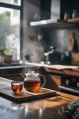 Wall Mural - Warm pots of tea on a minimalist kitchen island AI generated illustration