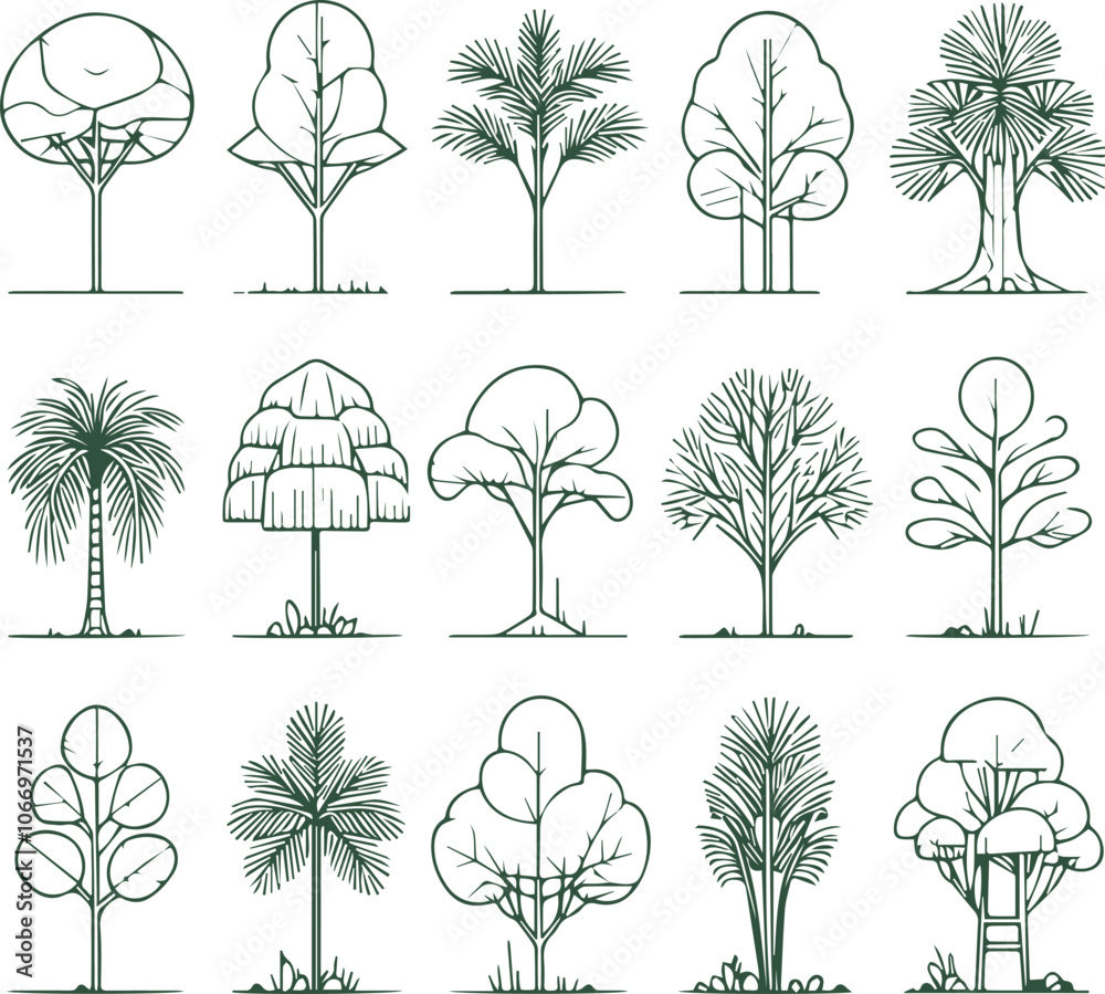 Tree Layout Lines Minimal style cad tree line drawing, Side view, set of graphics trees ...