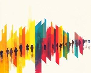 Poster - Dynamic crowd in an arrow formation, flat colors, simple patterns, bold bright colors, and clean lines against a minimalist white background