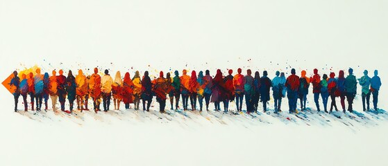 Poster - Large group of people standing in an arrow shape, against a white background, with simple flat color blocks, colorful patterns, bright colors, and clean lines