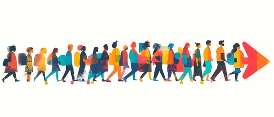 Poster - Large group of people standing in an arrow shape, against a white background, with simple flat color blocks, colorful patterns, bright colors, and clean lines