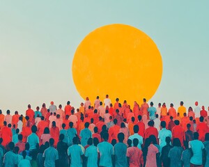 Poster - Vibrant crowd standing on top, against a minimalist white background with clear sky and bright sunny weather, using simple shapes for a clean, modern design